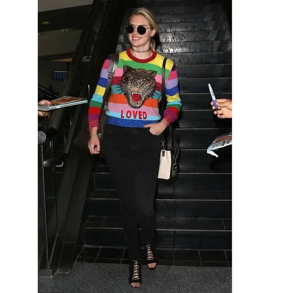 NWT Gucci Stripe Sequin Embroidered Wool Sweater, Small, Tiger “Loved” Appliqué - Picture 3 of 16